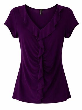 Susan Lawrence Purple Ruffle Front V-Neck Med Top Ruched Stretch Workwear Blouse
